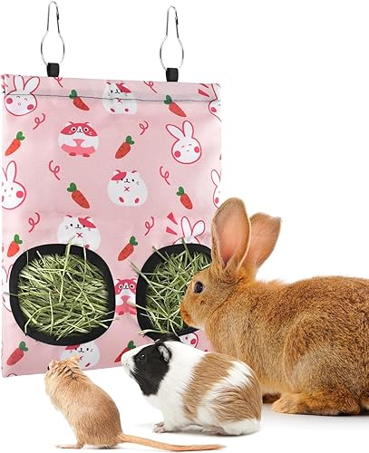 Bissap Bolsa alimentadora de heno para conejos, 2 agujeros para colgar, bolsa de heno para conejillos de indias, conejos, chinchillas, hámsters,