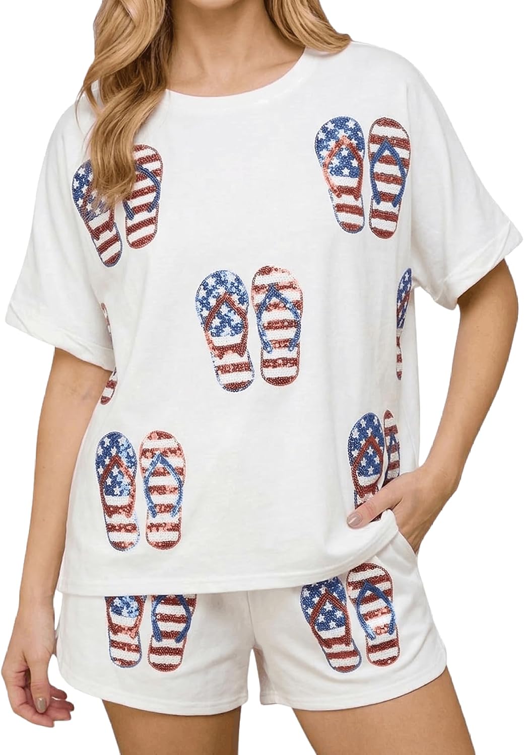 Patriotic 2 Piece Short Sets for Women Summer 4th of July Matching Lounge Set Sequin Short Sleeve T Shirts Loungewear