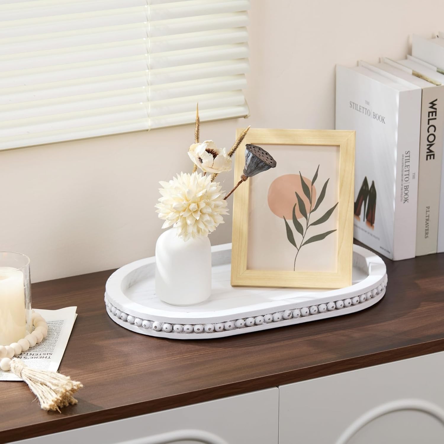 Wood Decorative Tray for Coffee Table Centerpiece - Bead Oval Wooden Serving Tray for Farmhouse Home Decor, Rustic Living Room Table Decor for Bathroom Vanity or Kitchen Counter - White