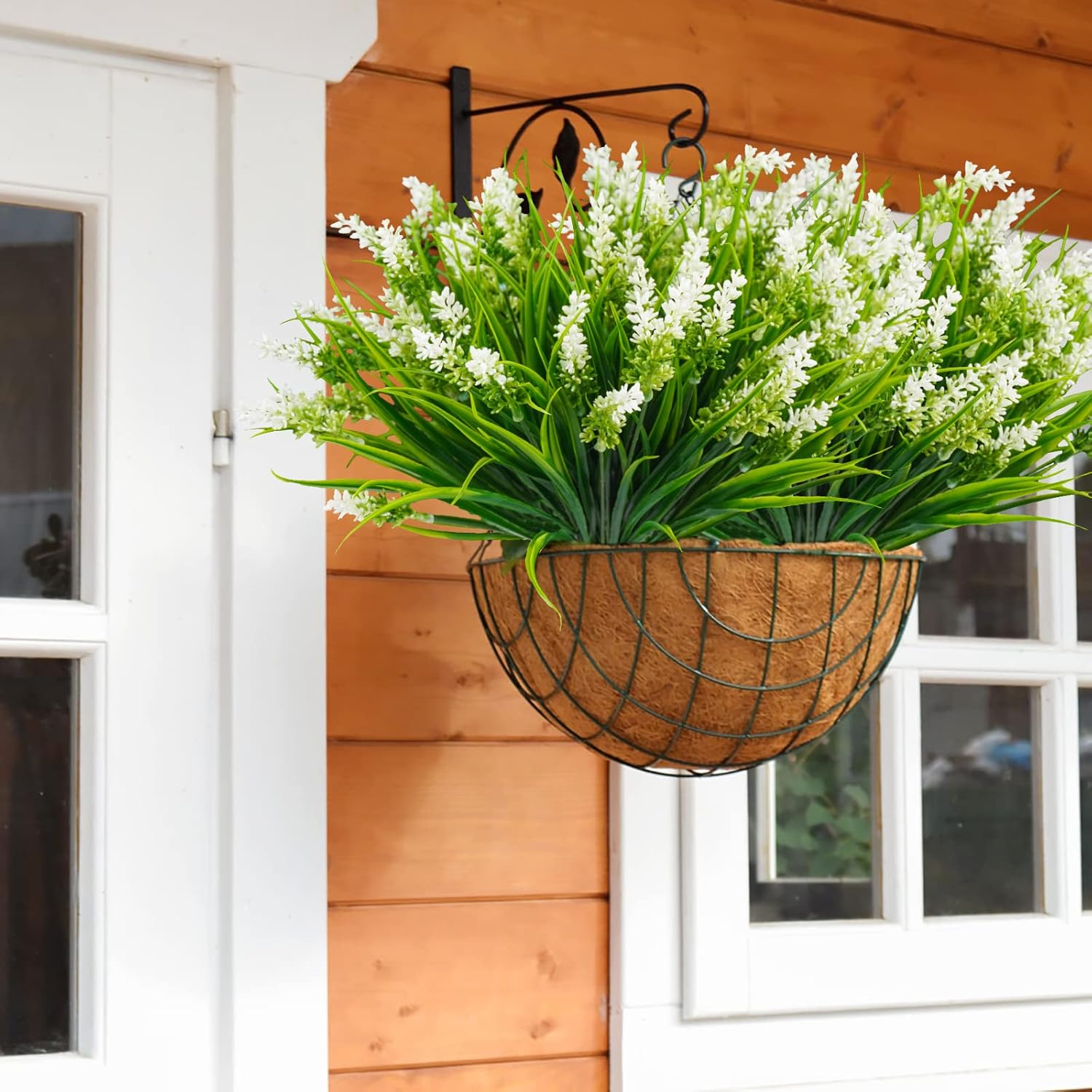 Agusbagli 24 Bundles Artificial Grass Fake Plants, Outdoor Fake Monkey Grass Greenery UV Resistant Faux Plastic Shrubs Arrangement for Patio Garden Porch Home Window Hanging Planter Decor - White