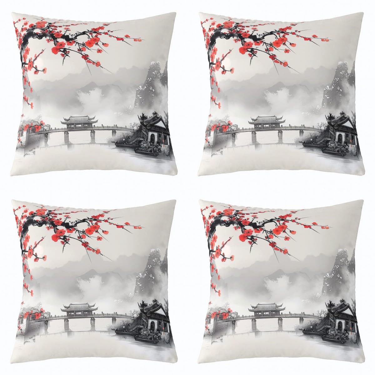 jejeloiu Chinese Ink Painting Style Throw Pillow Covers Set of 4 Red Cherry Blossoms Cushion Case Winter Theme Floral Print Decor Pillowcase Romantic
