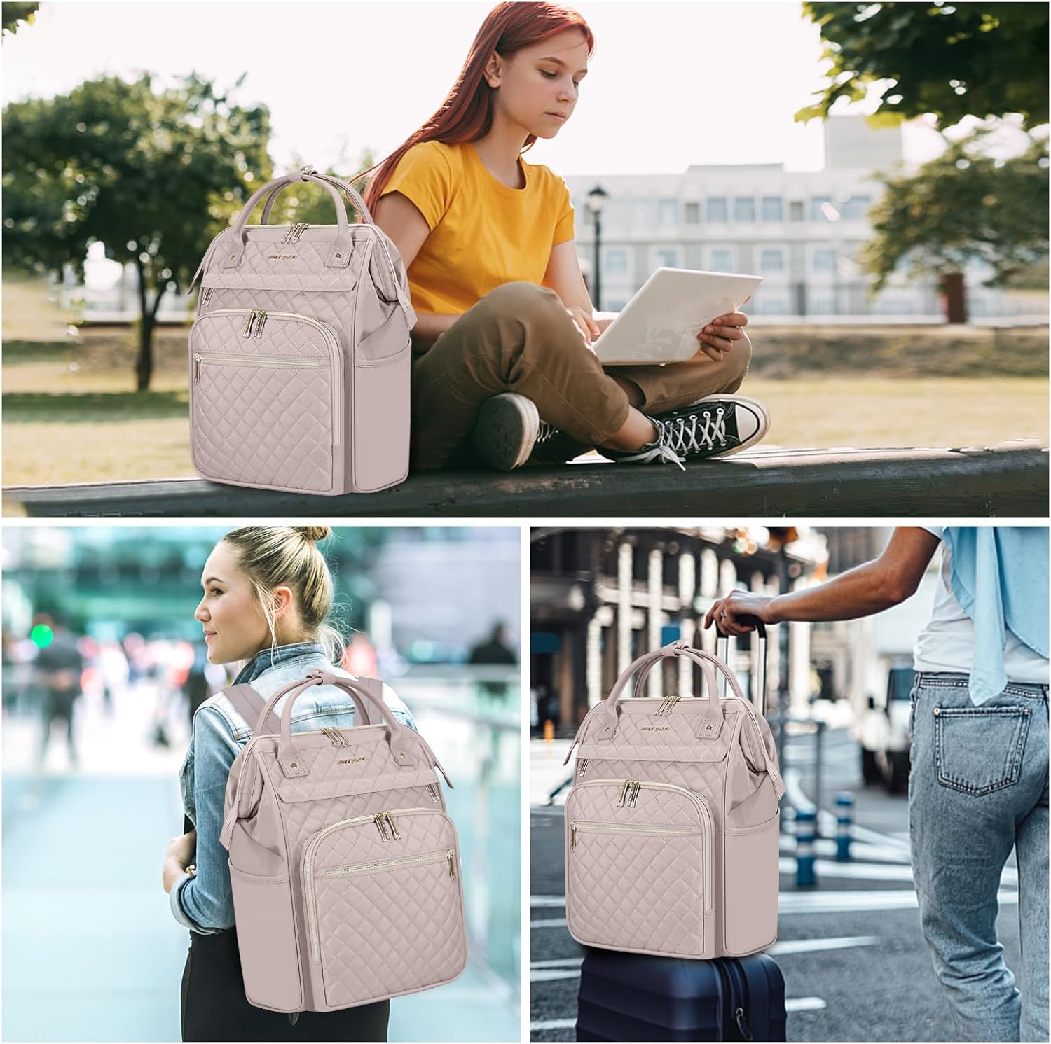 EMPSIGN 17 Inch Laptop Backpack for Women, Work Business Travel Computer College Bags, Large Capacity Water-repellent Quilted Casual Daypack, Dusty Pink