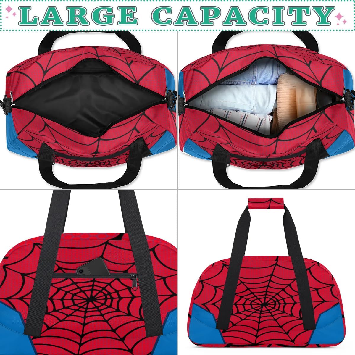Red Spider Web Kids Overnighter Duffel Bags for Boys Girls, Carry-On Size Sports Gym Bag for School Practice or Overnight Travel Weekender Sleepover Workout Tote Bag - Image 5
