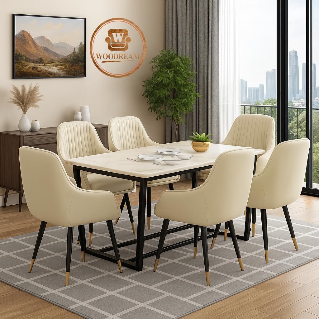 WOODREAM Wooden Dining Table 6 Seater | Marble Epoxy Finish Six Seater Dinning Table Set with 6 Upholstered Leatherette Dining Chairs & Metal Legs | Table Top: Premium HDMR Wood, Cream-image-47