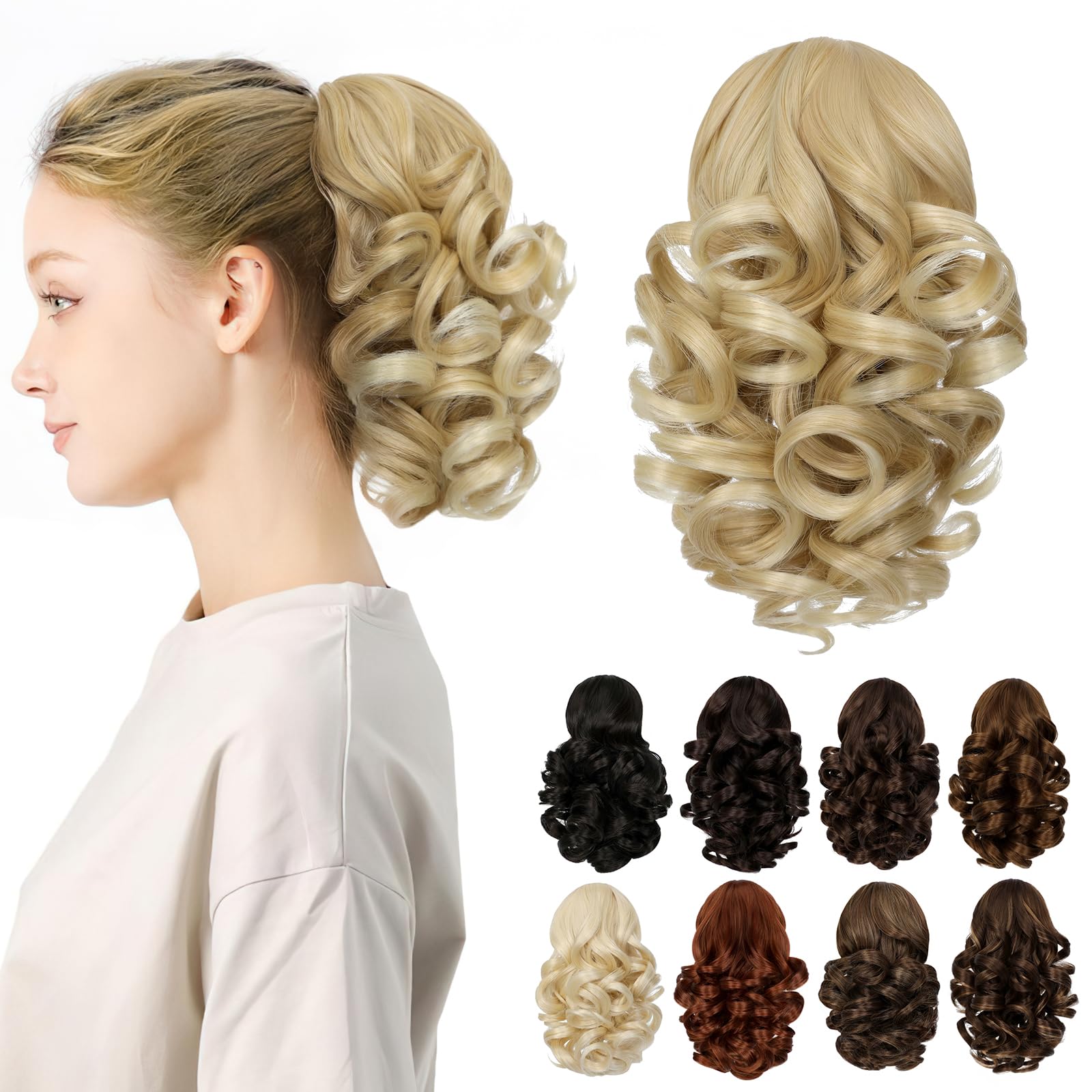 Cephermer Ponytail Extension, 9" Claw Clip in Short Curly Wavy Pony Tails Hair Extensions Jaw Clip on Ponytail Hairpiece for Women Light Blonde mix