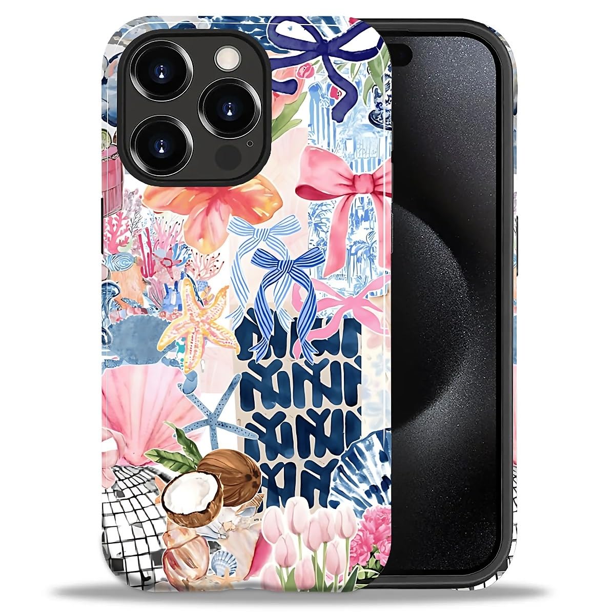 Hensuske Compatible with iPhone 15 Pro Case, Pink Bows Collage Beach Case for iPhone 15 Pro 2-in-1 Soft TPU Case, Shockproof Anti-Scratch Protective Case Cover for Women Men
