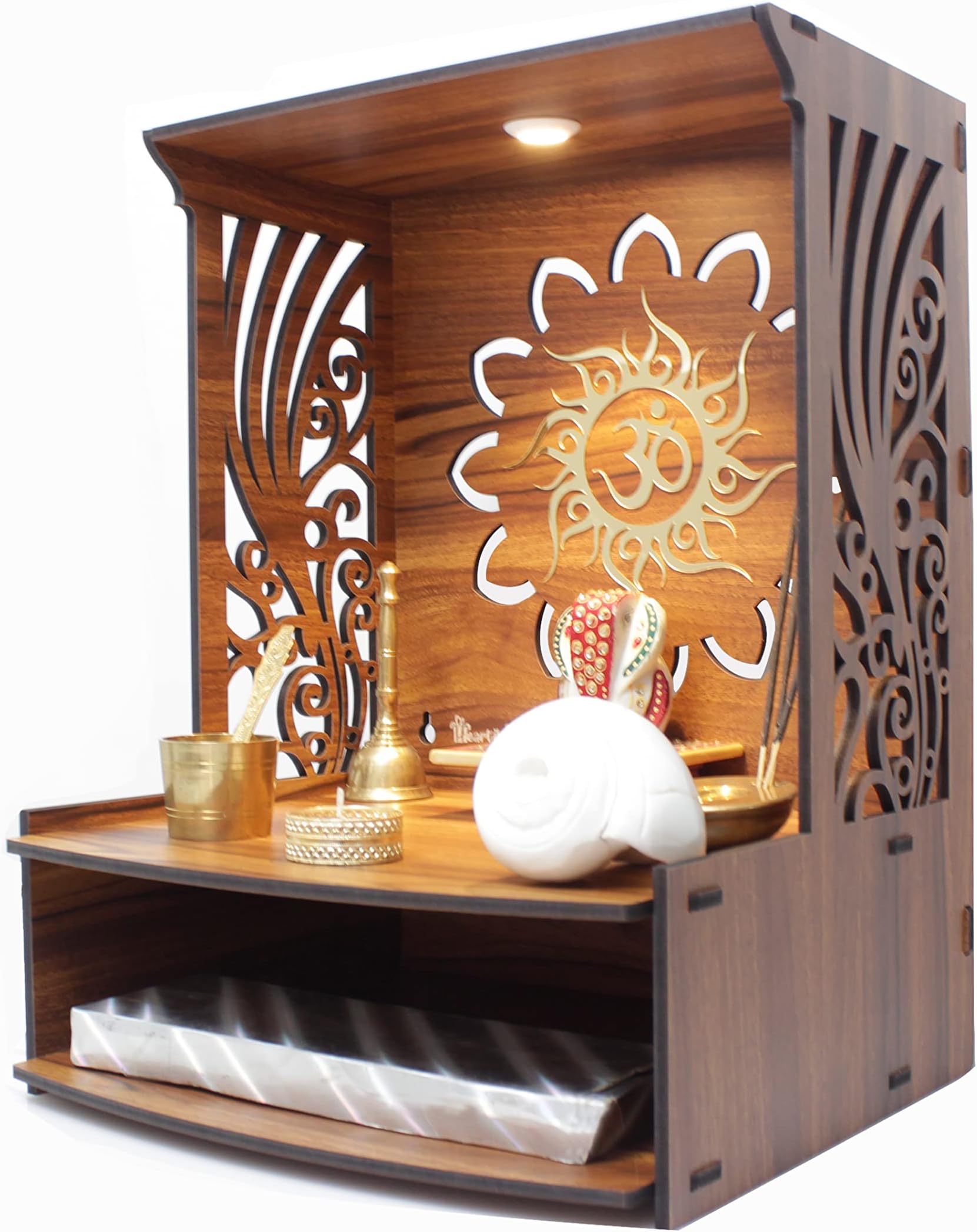 Laabh Beautiful Wooden Pooja Stand for Home Temple and Office Puja Mandir - Wall Mounted with LED Spot Light - Size (H- 15.5, L- 11.5, W-11 in)