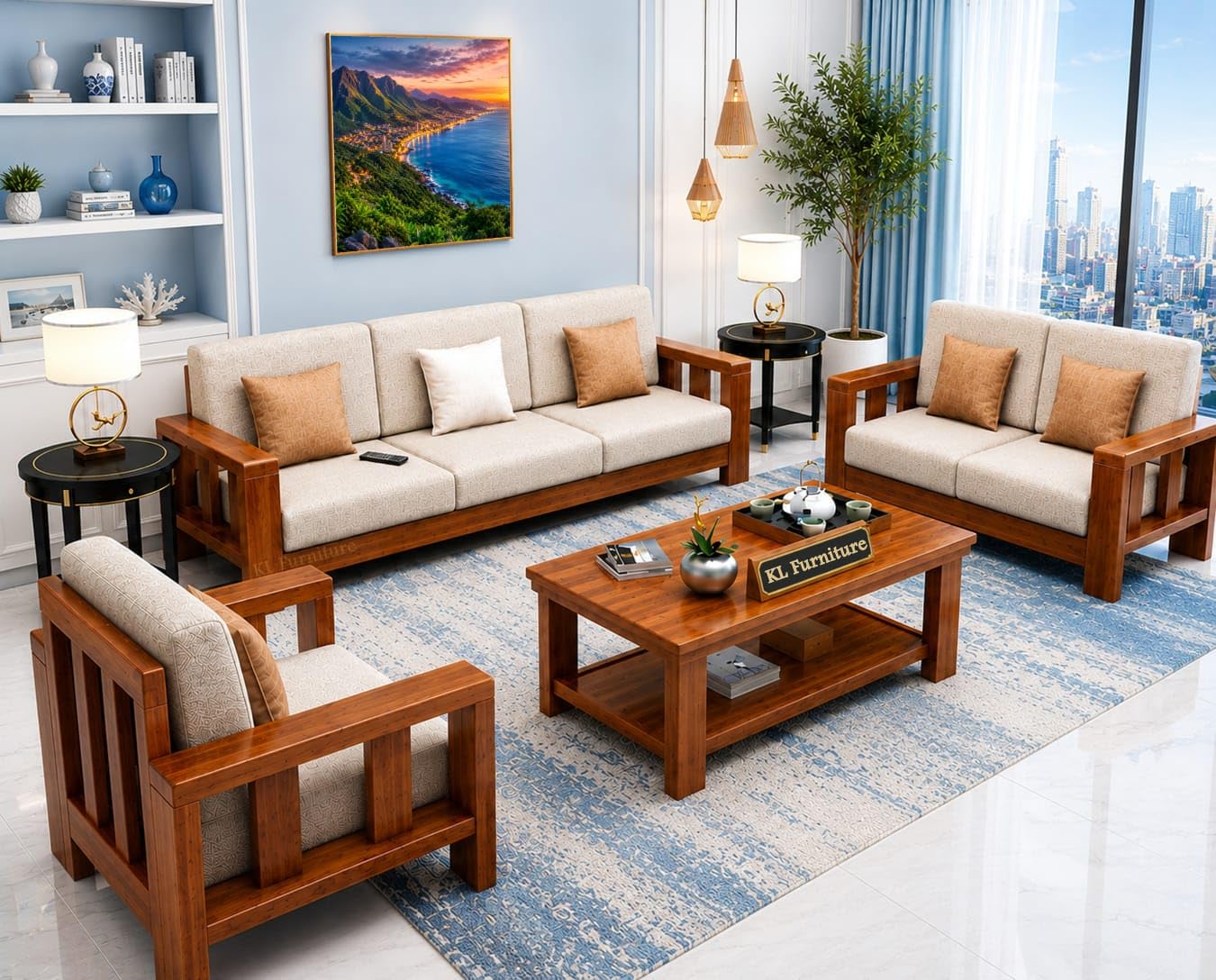 K L FURNITURE Wooden Sofa Set for Living Room 6 Seater | 3+2+1 Sofa Set Wooden | Six Seater Sets Solid Sheesham Wood | Cream Cushion, Teak Finish-image-21