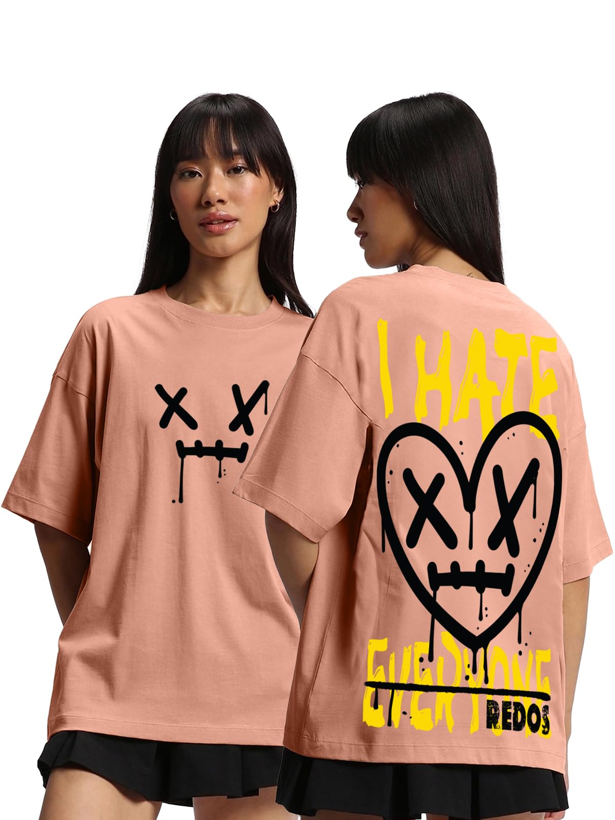 JUNEBERRYPure Cotton Oversized Baggy Fit I Hate Everyone Graphic Printed Cork T-Shirt for Women