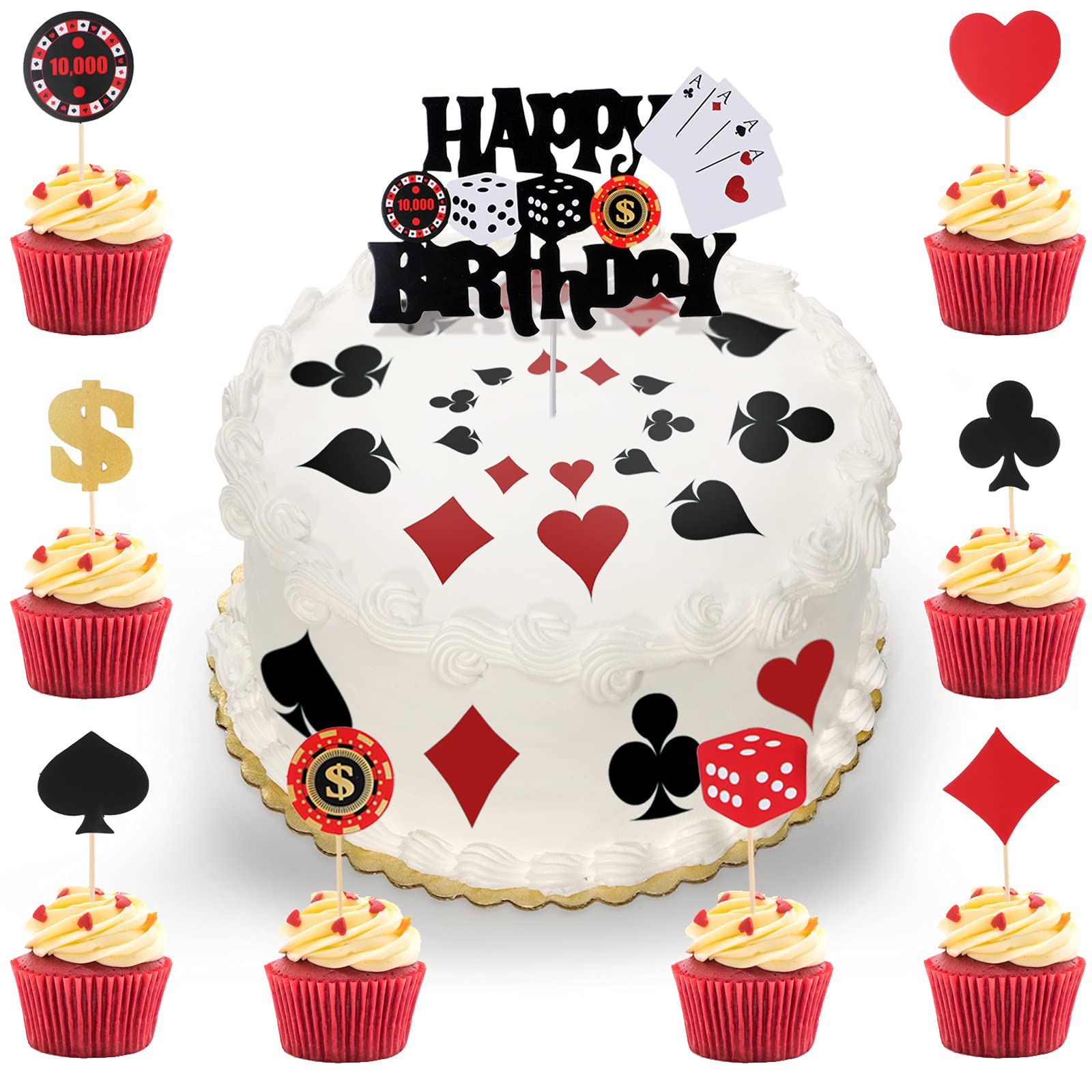 33 Pieces Casino Cake Topper set Poker Theme Party Decorations Heart Cupcake Toppers Playing Cards Fruit Food Happy Birthday Cake Topper for Poker Theme Birthday Party Decoration