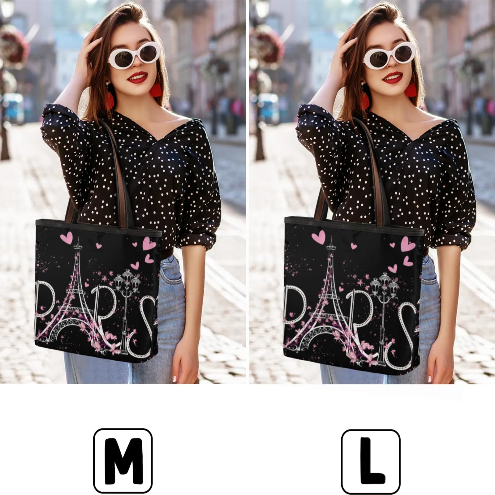 Paris Tower Love Flowers Tote Bag Multi Pocket Zippered Beach Bag Lightweight Waterproof Handbag for Women Men Work Gym Travel Swimming Yoga Grocery Shopping M