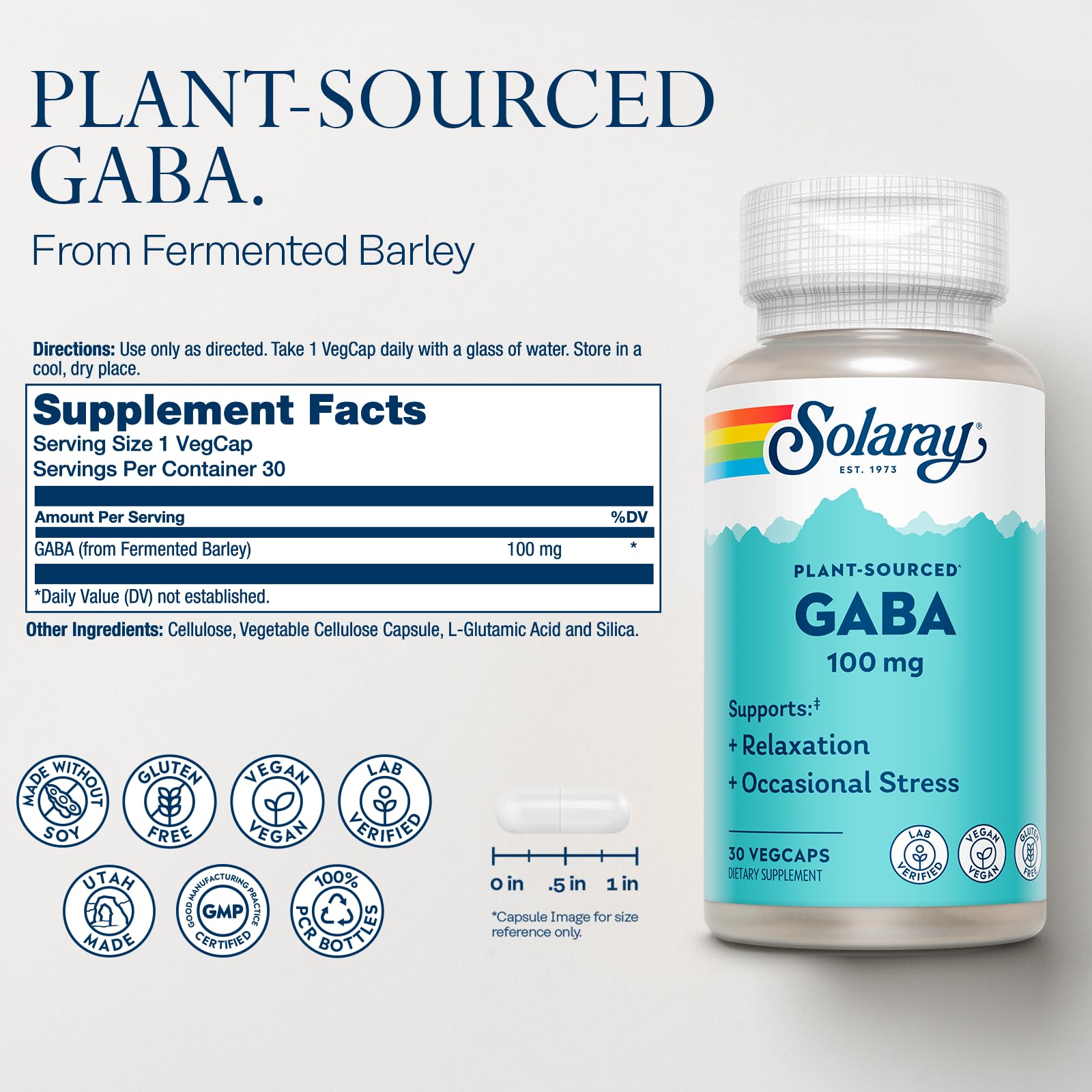 SOLARAY Plant-Sourced GABA 100 mg - Relaxation, Occasional Stress and Mood Support Supplement from Fermented Barley - Vegan, Gluten Free - 60-Day Guarantee - 30 Servings, 30 VegCaps — Amazon image 2