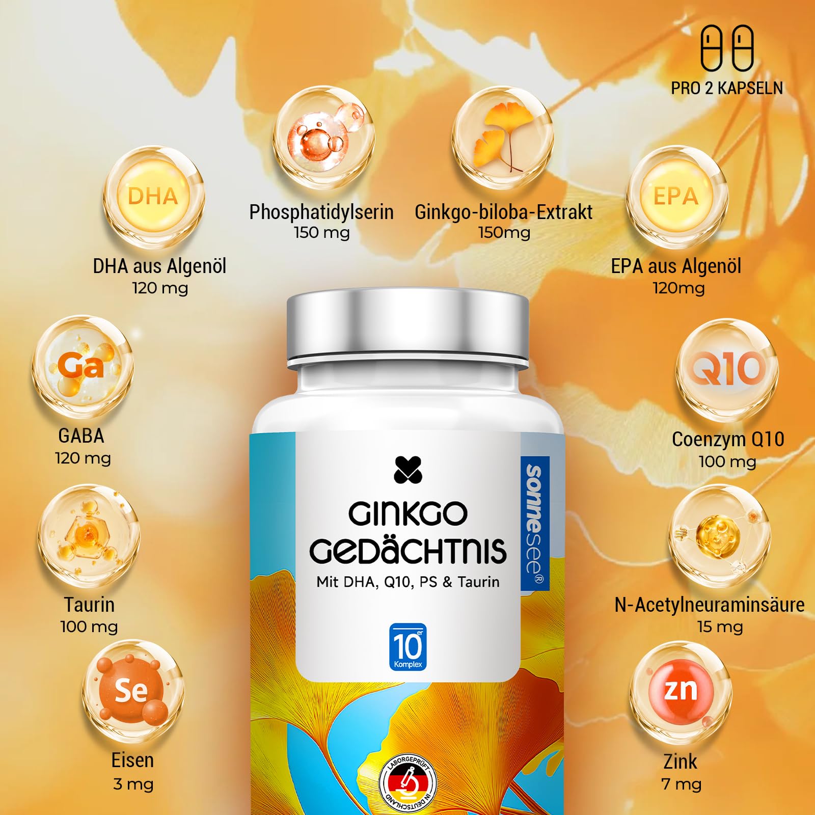 10-in-1 Phosphatidylserin (PS) Ginkgo Gedächtnis Hochdosiert Komplex Kapseln mit Biloba Omega-3 (DHA/EPA) & Q10 GABA, Taurin, Zink & Eisen 90 Vegan