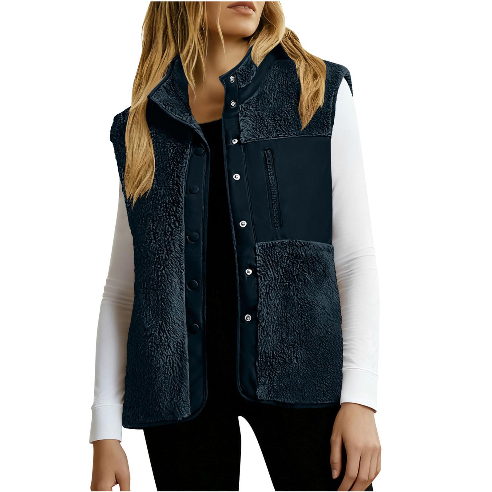 Dyhxuan Women's Navy Fleece Vest Sleeveless Patchwork Fleece Jacket Stand-Up Collar Teddy Vests Button Down Vest Plain Outdoor Vests Warm Plain Transition Jacket, Xxl