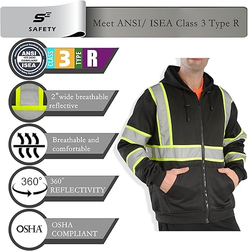 Miniatura 23 de sesafety Sudadera de seguridad de alta visibilidad para hombre, sudadera con capucha reflectante con cremallera clase 3, sudadera con capucha