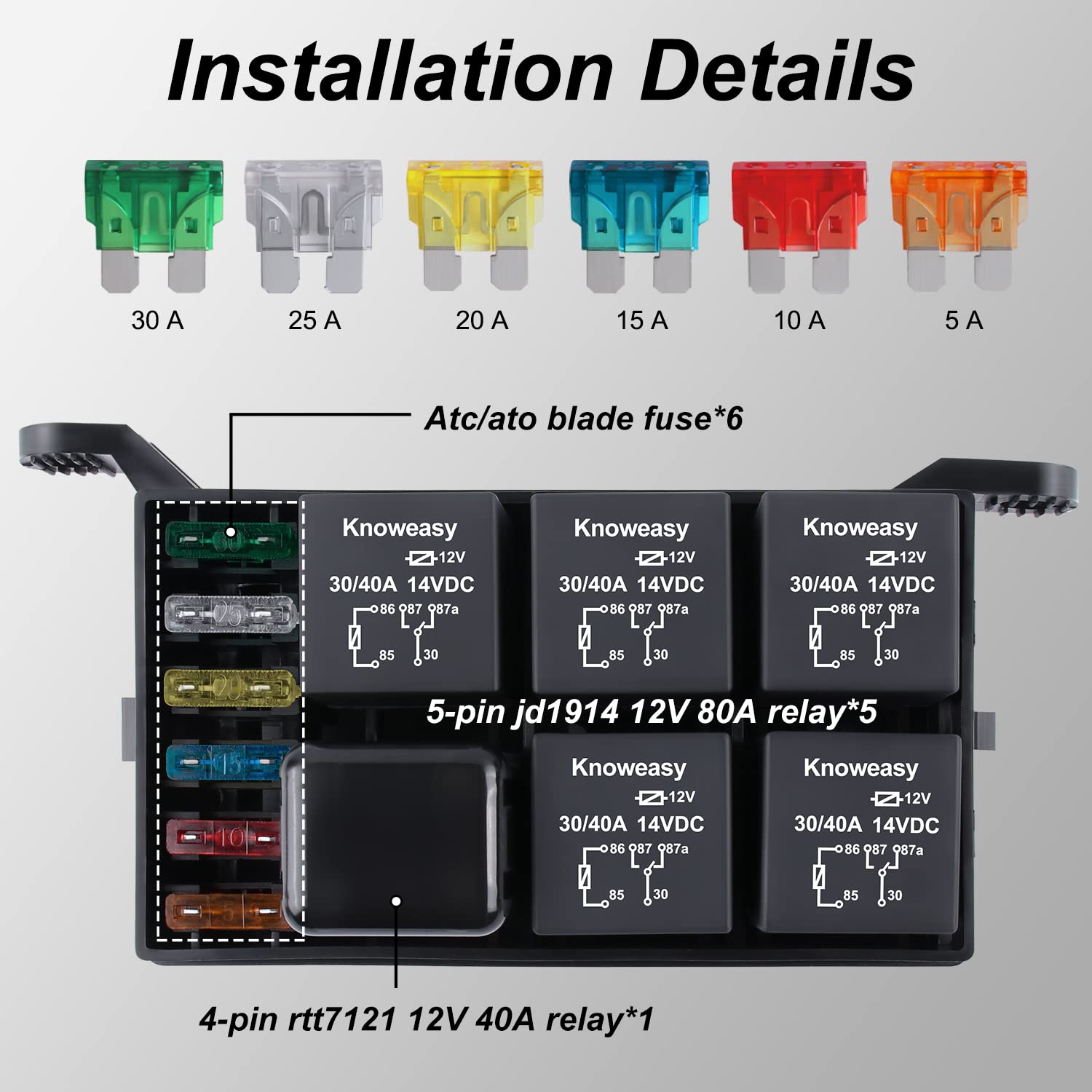 Fuse and Relay Box,Knoweasy 12V 6-Slot Waterproof Fuse with Relay Box - Universal Holder, Pre-Wired ATC/ATO Blade Fuses, 40A Relay for Auto, Car, Truck, Marine, Boat Applications