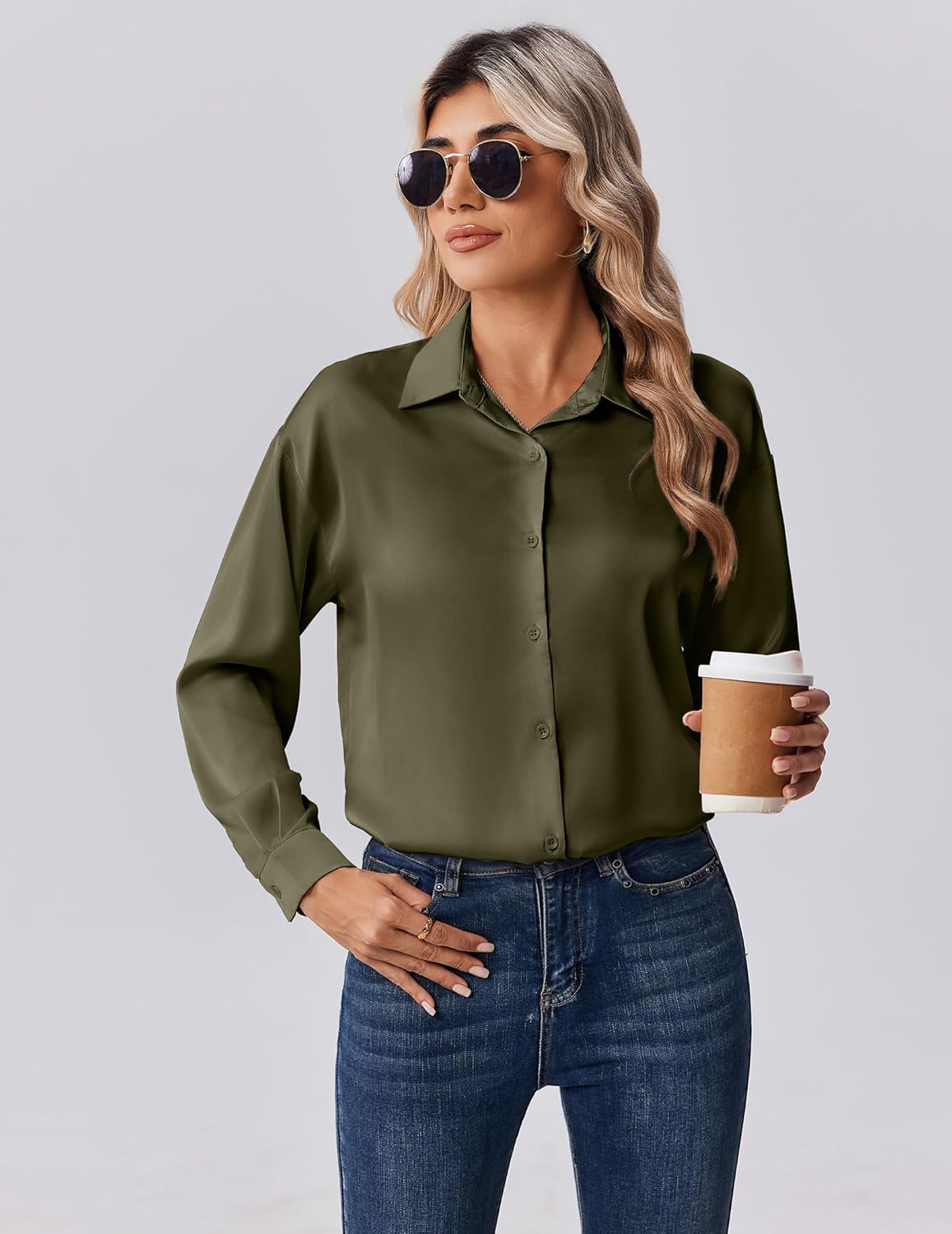 Zeagoo Womens Tops Long Sleeve Satin Silk Button Down Shirts Casual Business Dressy Blouses Fall Clothes - Image 3