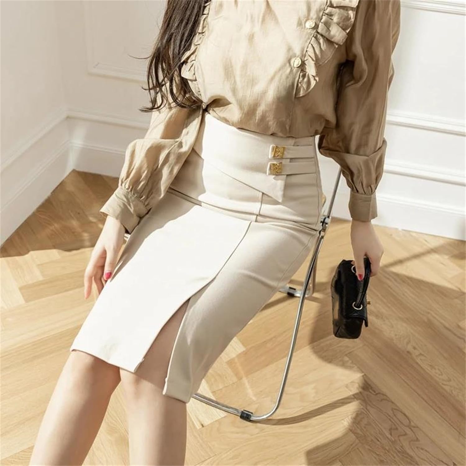 Womens High Waist Pencil Midi Skirt Elastic Waist Slim Fit Bodycon Elegant Work Office