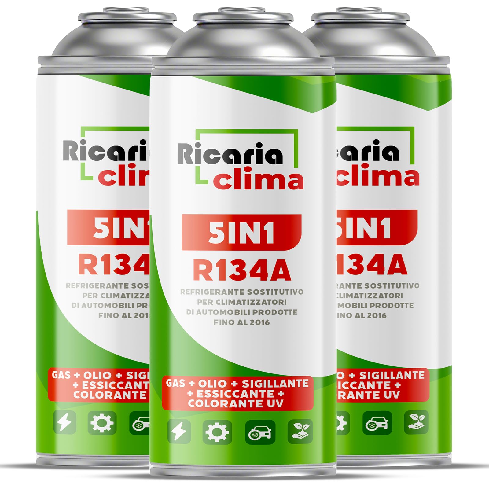 5-in-1 – 3x refrigerante R134a 235 g per confezione per climatizzatori auto con olio, anti-perdita, tracciante UV e disidratante – Protegge il compressore