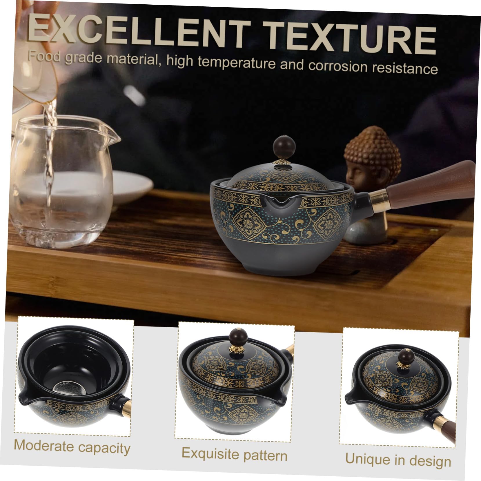 Tetera de Cerámica Negra Asa Lateral, Juego Portátil de 1 Pieza | Capacidad Media, Resistencia al Calor, Durabilidad, para Preparar Té en Casa, Infusiones Diarias