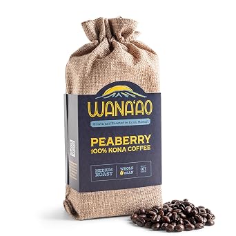 Wanaao Kona Coffee 100% Peaberry, Medium Roast, Whole Bean, Hawaiian Coffee, 7oz Bag