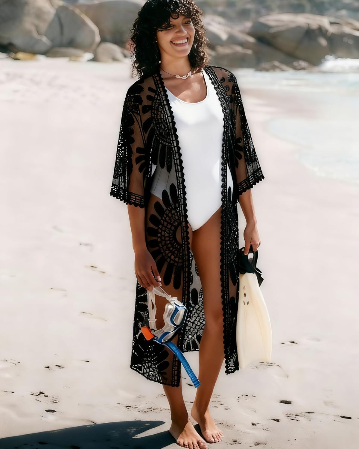 CHICGAL Womens Swimsuit Coverup Lace Bathing Suit Cover Up Beach Kimonos Long Cardigan Open Front Swimwear - Image 2