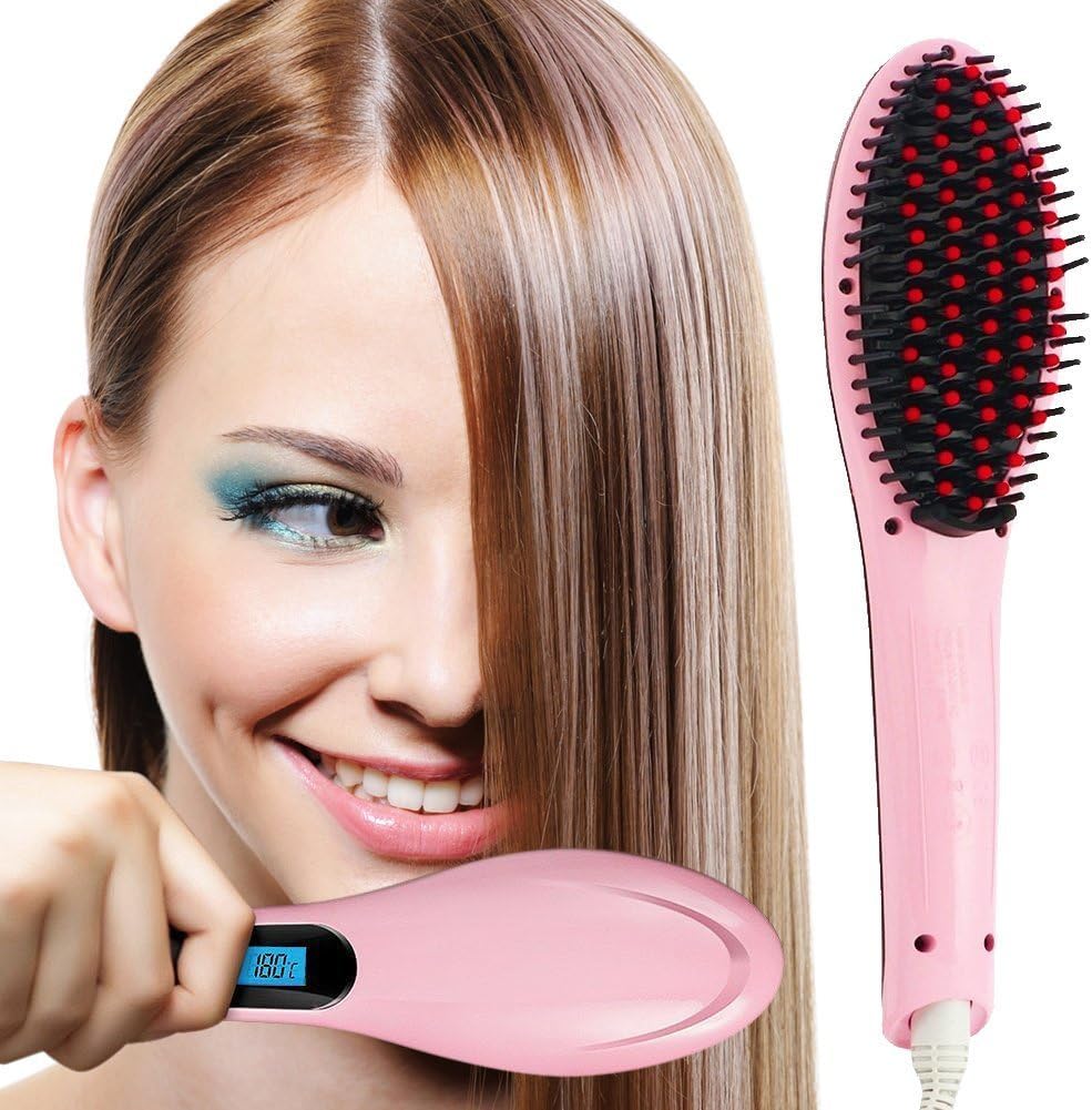 Hair Straightener - Ceramic Heating Irons Detangling Brush Anion Hair Care Electric Comb Hair Massage Straightening Irons Anti Scald Anti Static Perfect For Home Or Travel – Pink