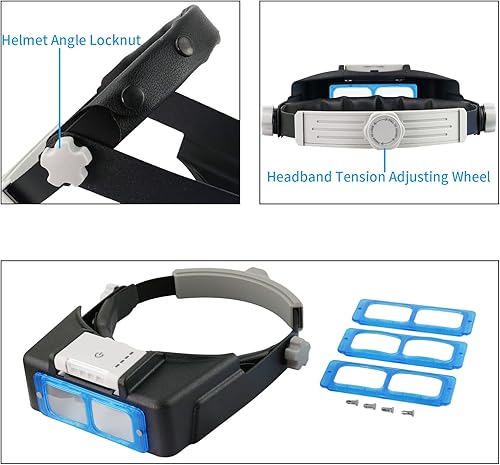 Miniatura 3 de Beileshi Lupa recargable con montaje en la cabeza y luz LED, lupa de doble lente con diadema iluminada para lectura, joyería, visor óptico,