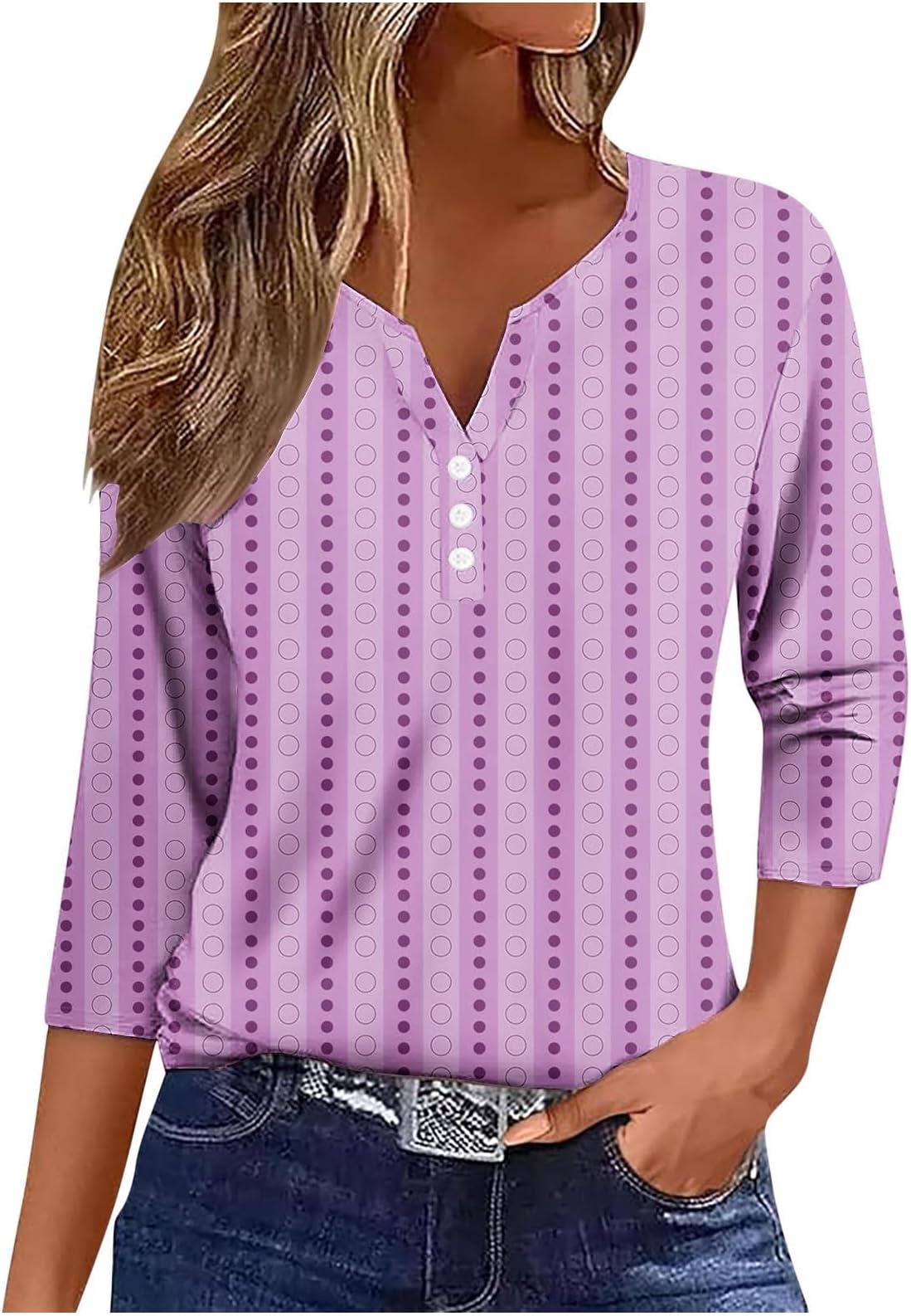 AMhomelyWomen 3/4 Sleeve Tops Stripe Print Casual Blouse Daily Wear Loose Floral Print Tees Shirts Buttons V Neck Pullover Tops Blouse Plus Size Casual T Shirts Classic Blouse Holiday