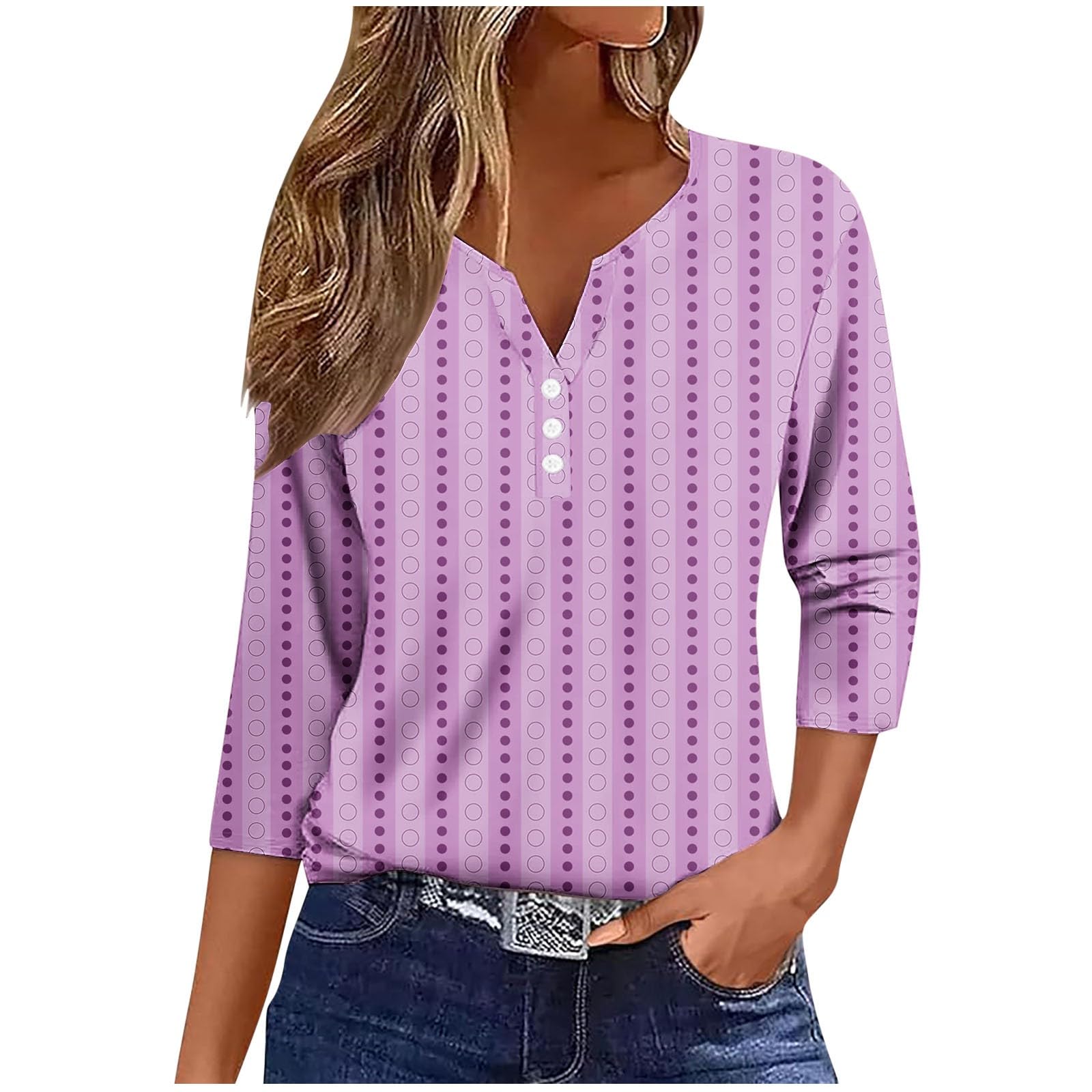 AMhomelyWomen 3/4 Sleeve Tops Stripe Print Casual Blouse Daily Wear Loose Floral Print Tees Shirts Buttons V Neck Pullover Tops Blouse Plus Size Casual T Shirts Classic Blouse Holiday