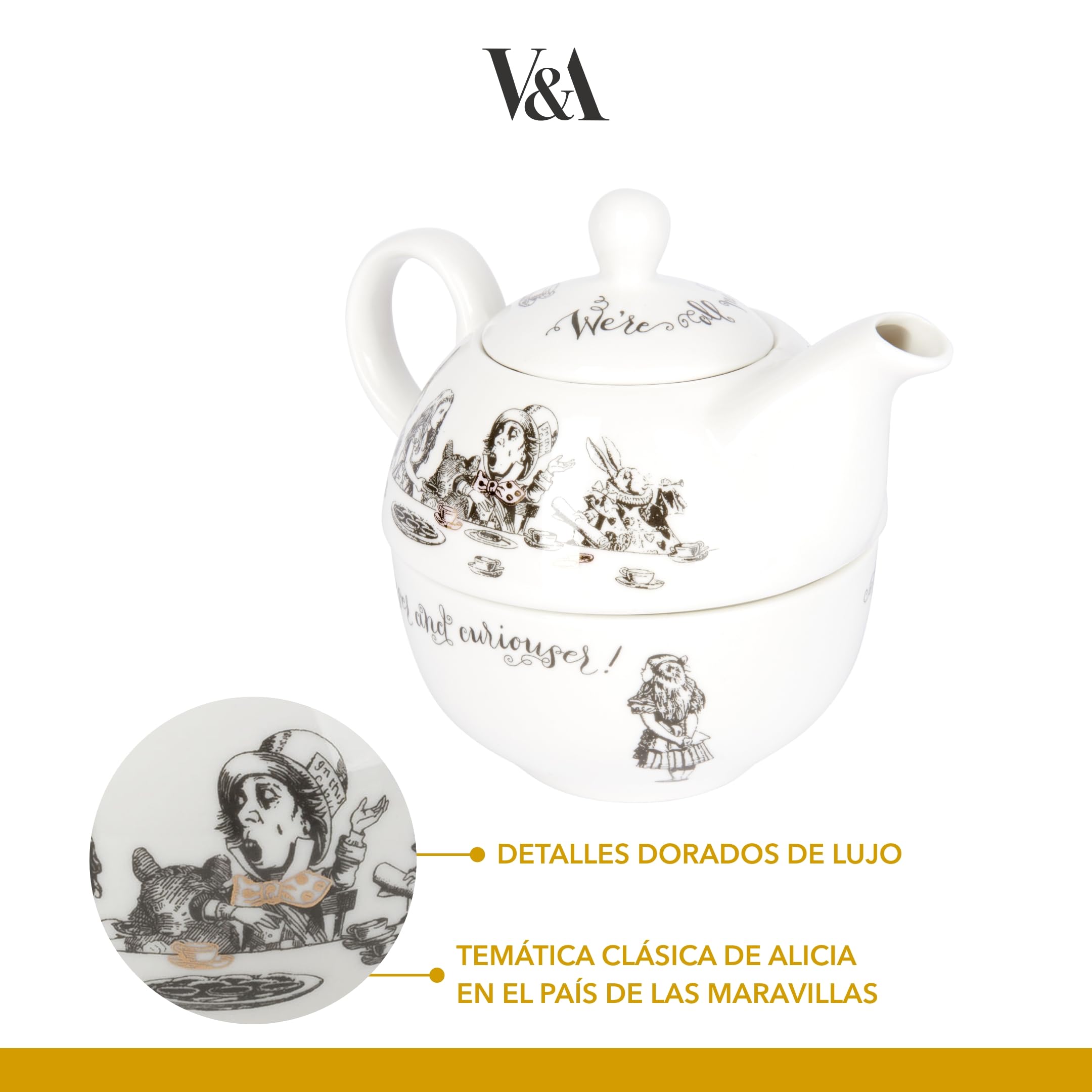 Victoria & Albert Juego de Tetera y Taza Alicia en el País de las Maravillas Para 1 en Caja de Regalo, Juego de Té de China Fina, Blanco, 250ml