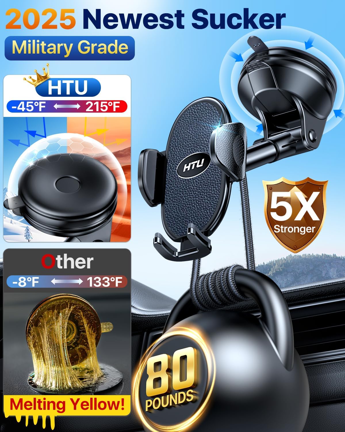 HTU 【Military-Grade Suction】 Cell Phone Holder for Car【Flexible Telescopic Arm】 Car Phone Mount Stand for Dashboard Windshield for iPhone 17 16 Pro Max 15 14 13 12 Samsung Truck Jeep, Black