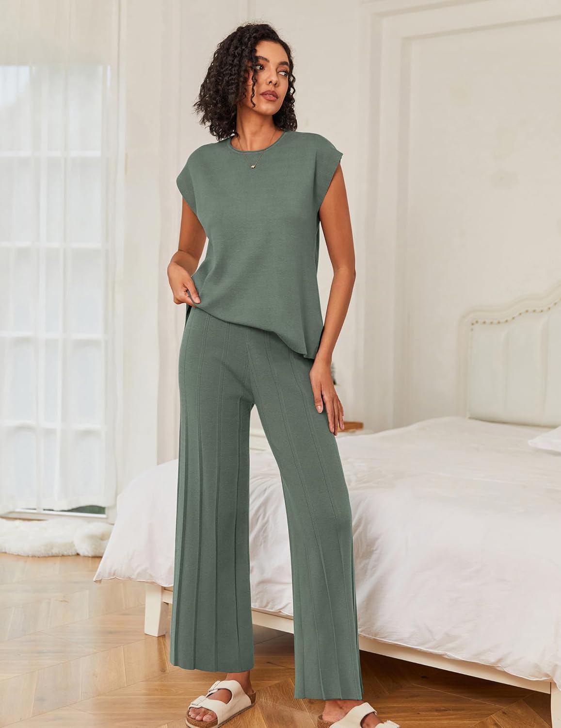 Ekouaer Lounge Sets for Women Two Piece Outfits Knit Cap Sleeve Tops Wide Leg Pleated Pants Casual Dressy Sweater Sets - Image 2