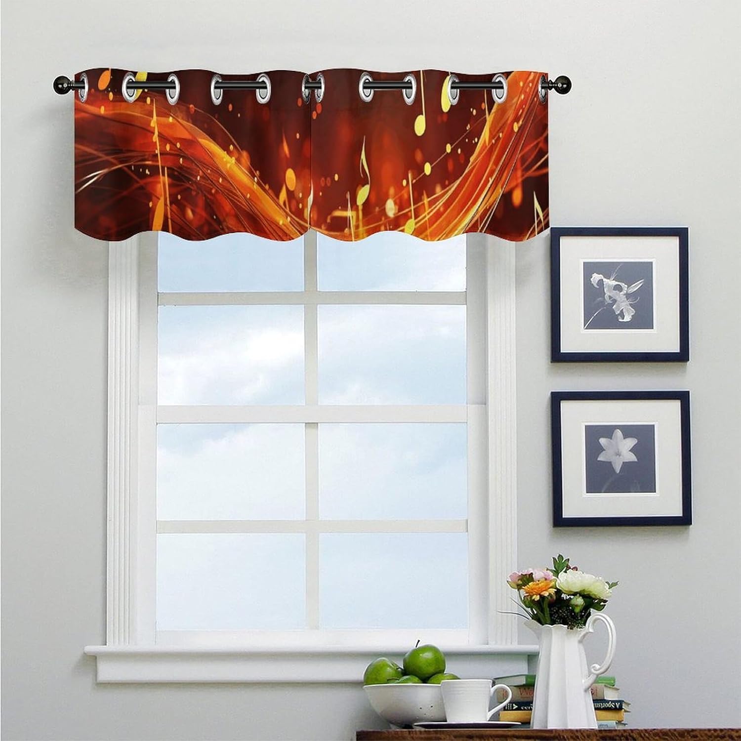Red Flame Music Note Valances for Window 2 Panels. Light Filtering Curtains Farmhouse Short Small Valance.Modern Curtains for Windows Living Room Kitchen Over Sink.