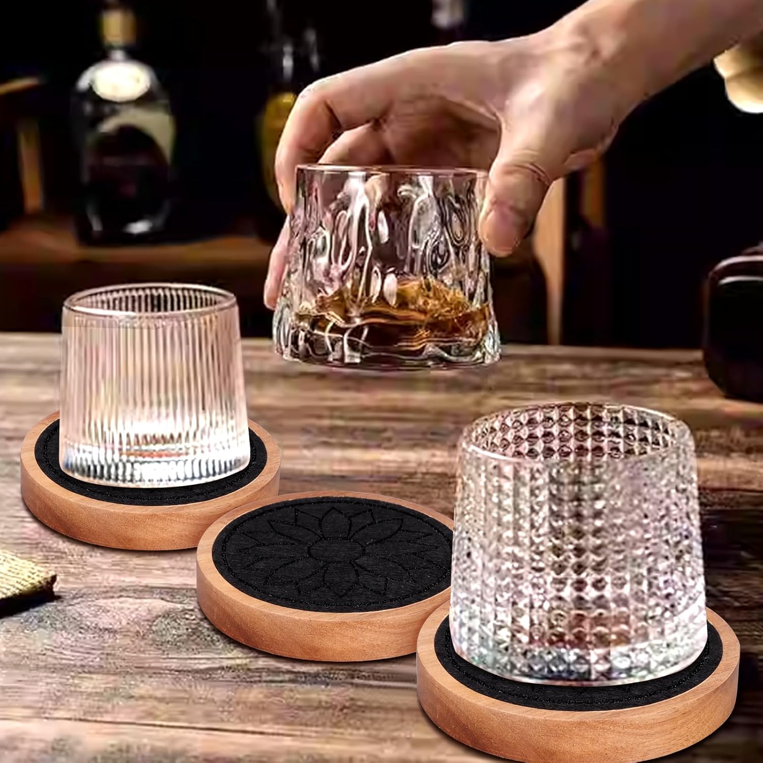 5 Pcs Best Wooden Coasters Non-Slip, Non-Stick, 4 Inches Black - Gtencemen Acacia Wood Coaster Set Absorbent Coasters for Drinks, Coffee Bar, Kinds of Cups, Rustic Farmhouse, Dining Room Table Decor - Image 2