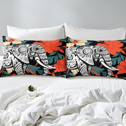 Miniatura 4 de Manfei Juego de funda de edredón de elefante, tamaño Queen, estampado de mandala blanco y negro, 3 piezas para decoración de habitación de niños y