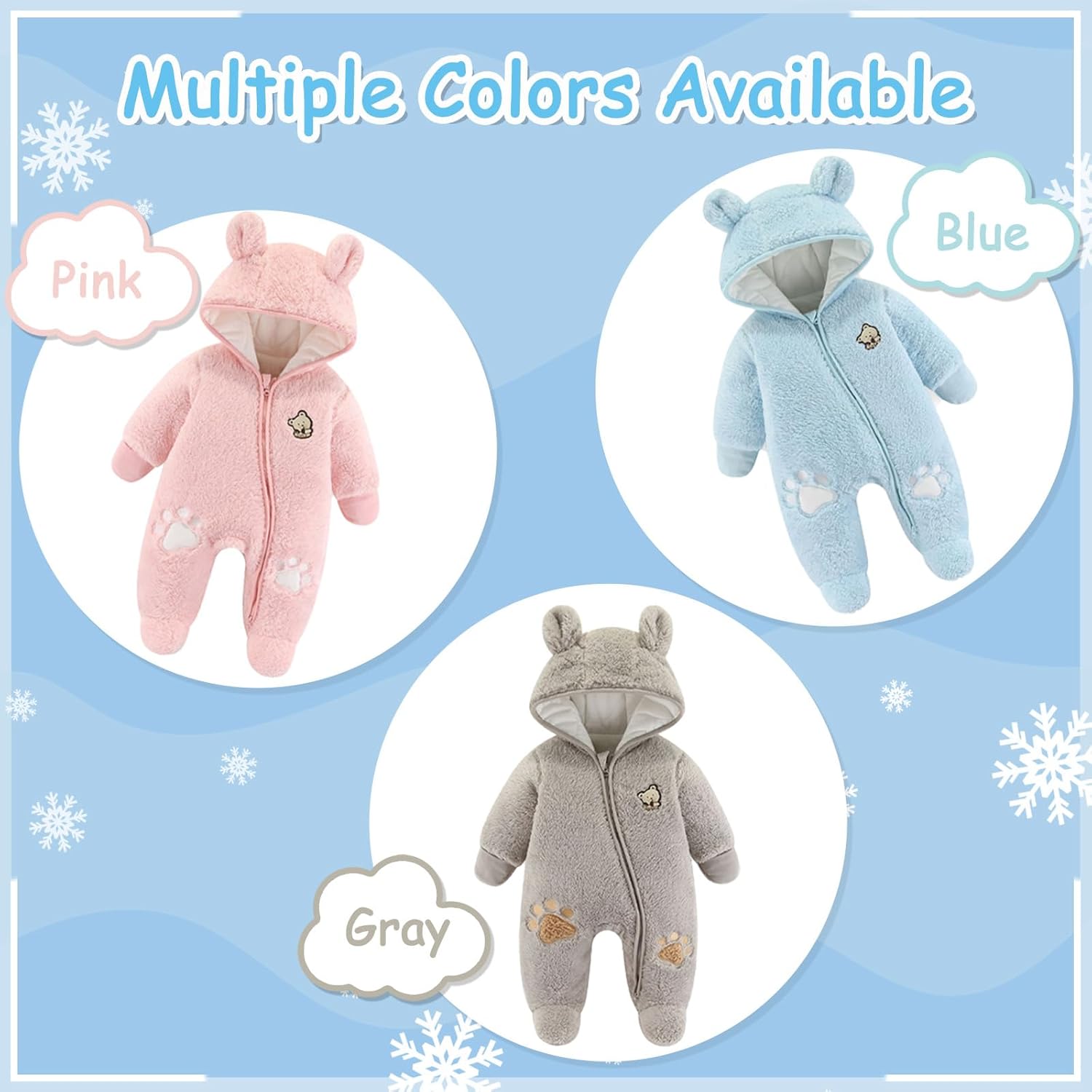 Newborn Baby Bear Onesie Snowsuit Winter Footie Fleece Romper Hooded Jumpsuit Infant Coat for Girls Boys 0-12M - Image 7