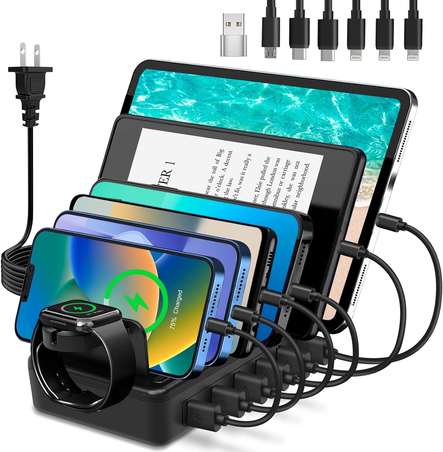 Charging Station for Multiple Devices, 50W 6-Ports USB Charging Station with10-Slot, Detachable Dividers, Watch Holder, Compatible with Phone/iPad/Kindle/Tablet (6 Cables Included), Black