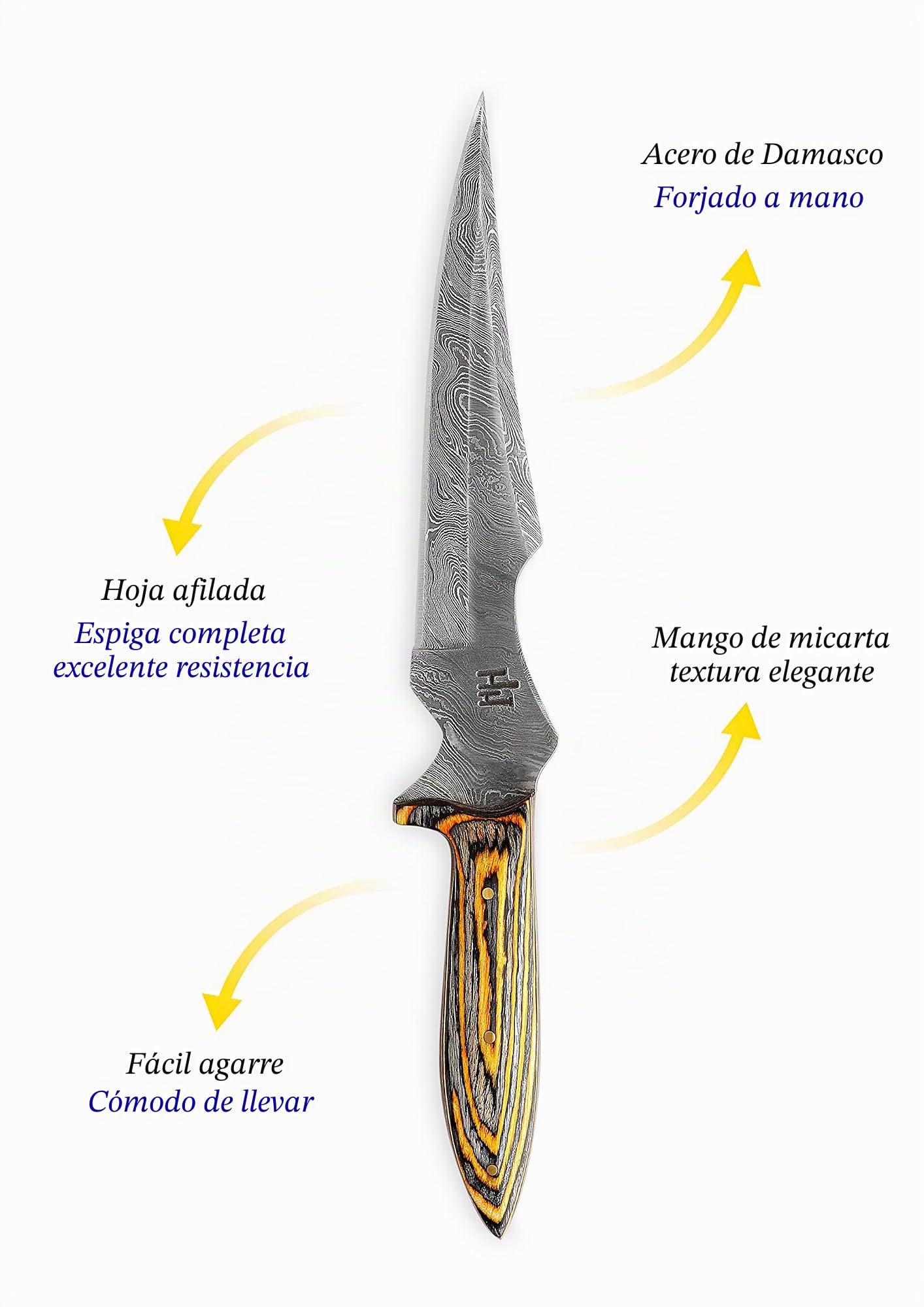 Hobby Hut HH-302 - Cuchillo de acero de Damasco hecho a mano de 12 pulgadas, cuchillo de caza, mango Micarta, funda de cuero, diseñado para caza y camping