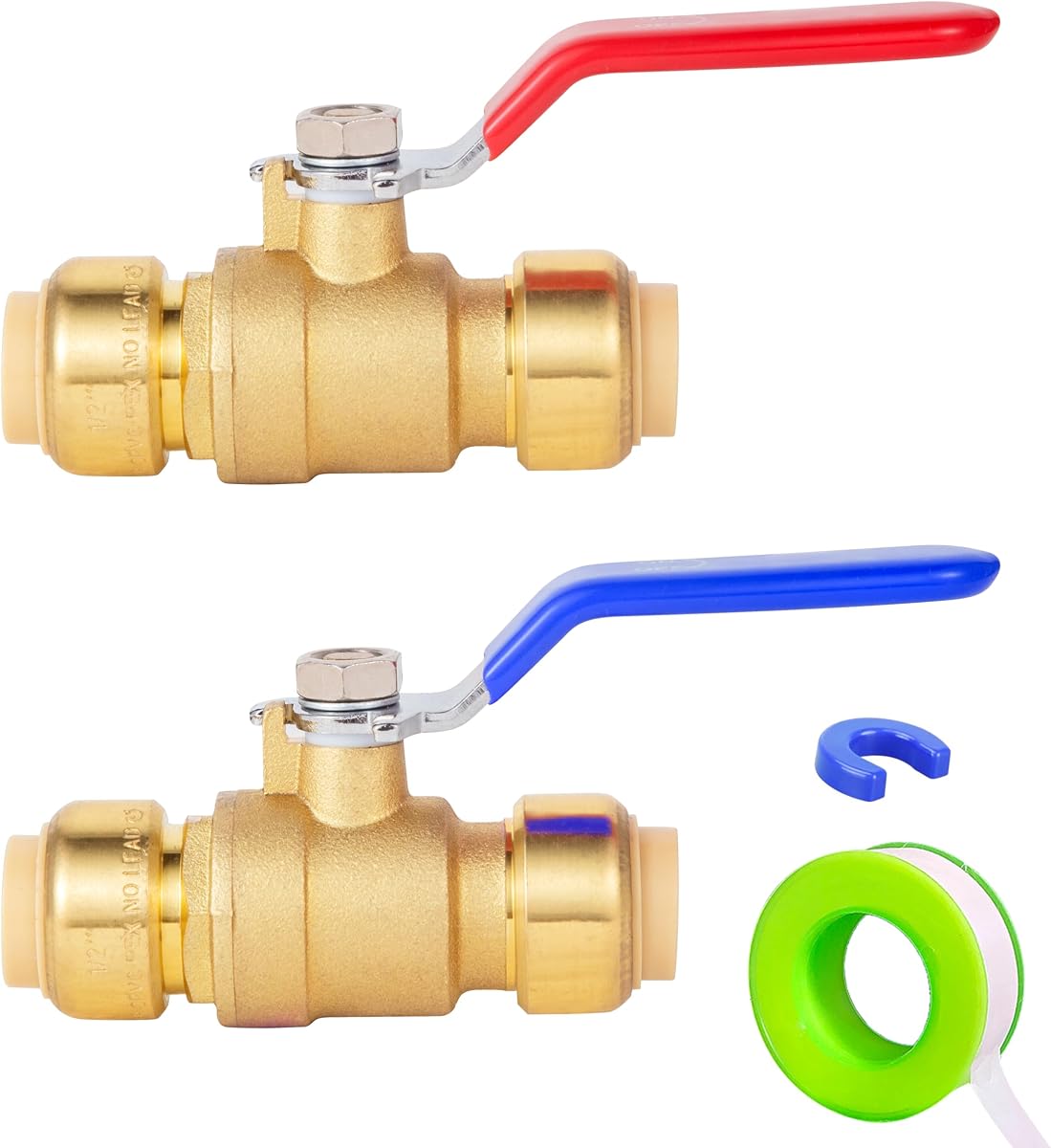 1/2 Inch Push-Fit Full Port Ball Valve for Hot and Cold Water,1/2Inch Ball Valve,Pushfit Water Shut Off Valve Push to Connect Plumbing Valve to Work with Pex,Copper,CPVC(No Lead Brass,1Red+1Blue)