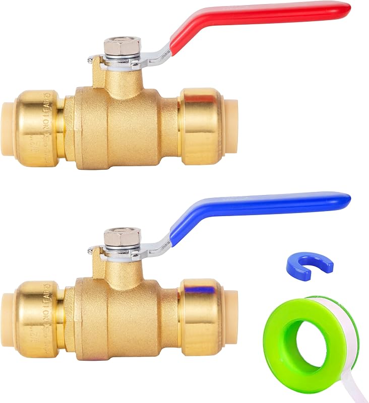 1/2 Inch Push-Fit Full Port Ball Valve for Hot and Cold Water,1/2Inch Ball Valve,Pushfit Water Shut Off Valve Push to Connect Plumbing Valve to Work with Pex,Copper,CPVC（No Lead Brass,1Red+1Blue）