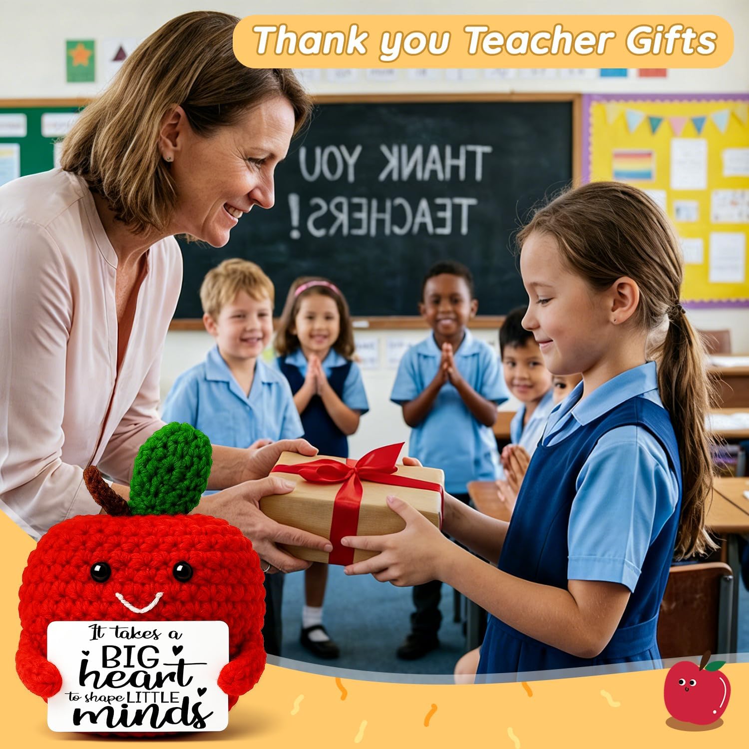 MAMAGIFTREE Teacher Appreciation Gifts - Crochet Apple with Big Heart - Unique Thank You Gifts for Daycare Kindergarten Preschool Teachers, End of Year Back to School Gift for Teacher