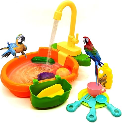 kathson Tina de loro para pájaros, bañera automática con grifo, caja de ducha multifuncional de periquitos, juguete de piscina con fuente para