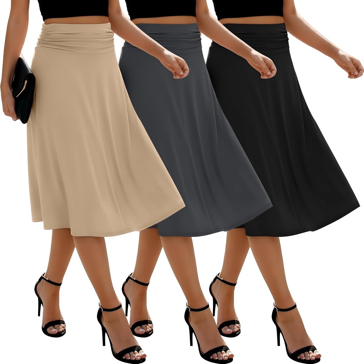 3 Pack Womens Midi Skirts Flowy Lightweight Knee Length Casual Elastic Waist Modest Flared Skirts Trendy Summer
