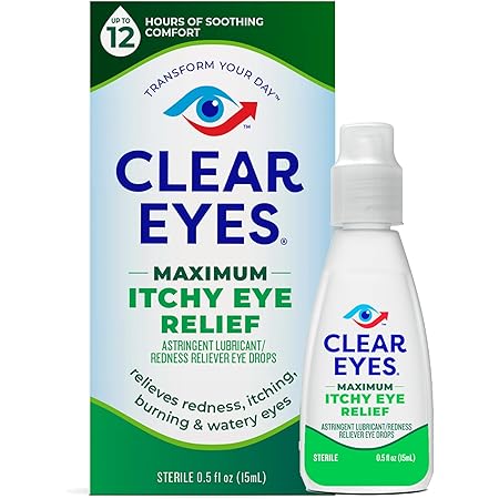 Clear Eyes Gotas para los ojos para aliviar la picazón máxima, 0.5 onzas líquidas, paquete de 6