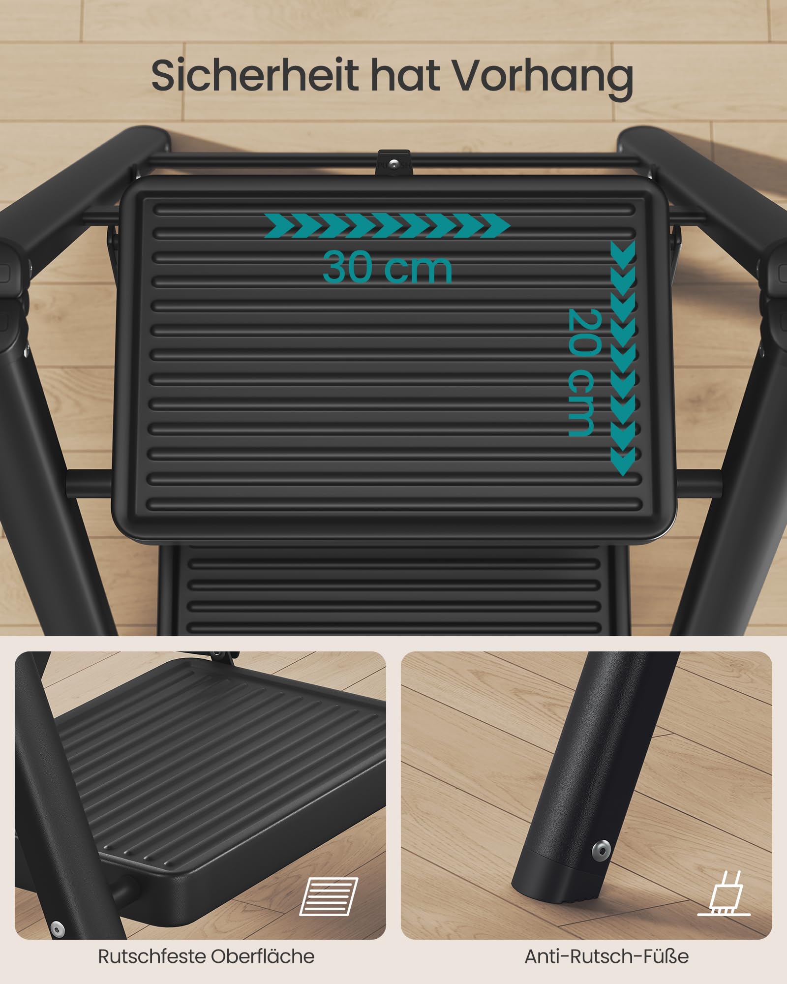 SONGMICS Trittleiter, Tritthocker klappbar, Klappleiter 2 Stufen, bis 150 kg belastbar, Leiter, aus Stahl, einfach zu verstauen, für Haushalt Büro, schwarz, 55 x 43,4 x 61,8 cm GSL102BZ01