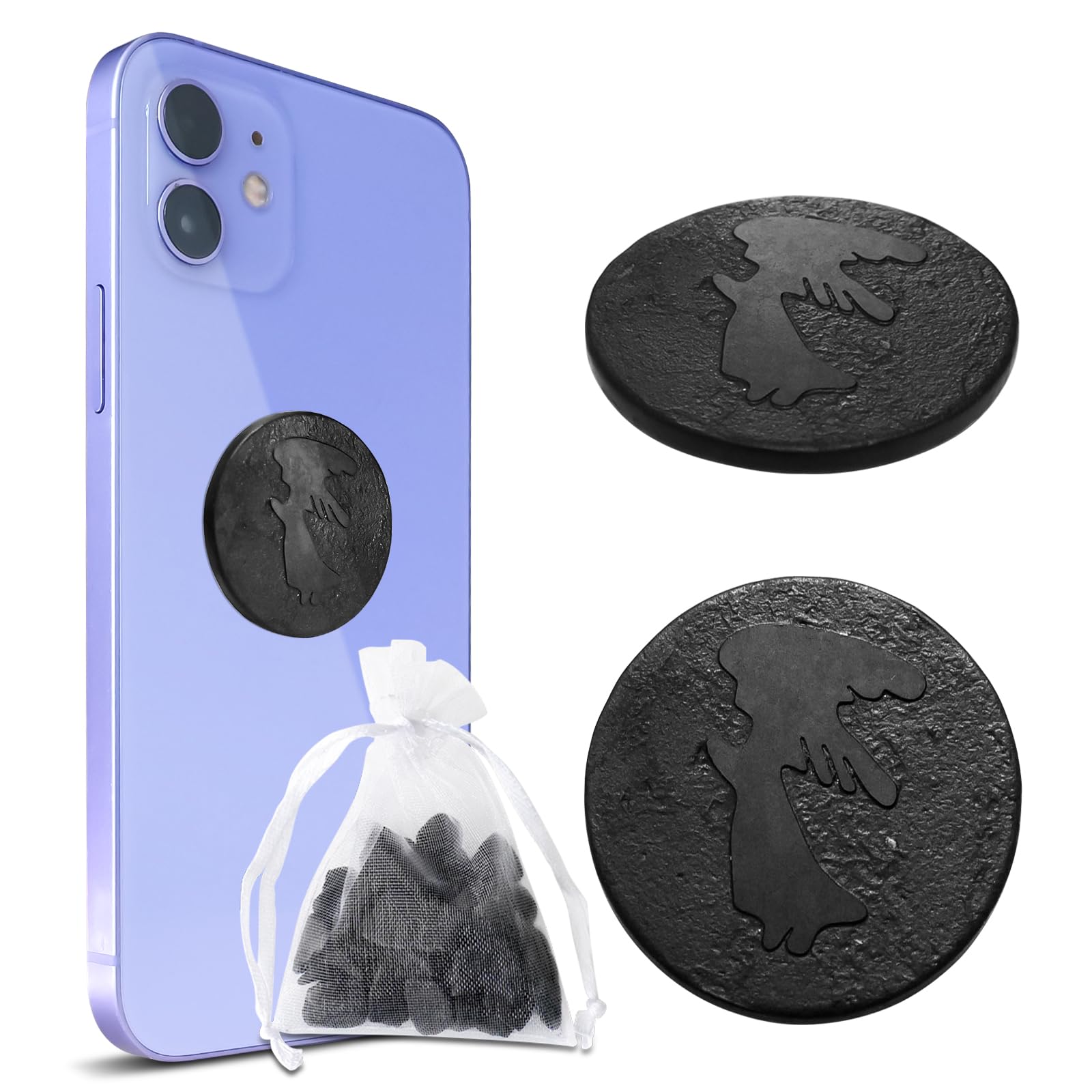 2 Pcs Shungite Sticker for Cell Phone + Raw Shungite Stones Set - 30 mm/1.18 inch Shungite Plate for Laptop Computer - Guardian Angel