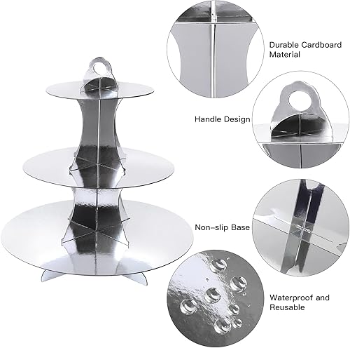 Miniatura 5 de Soleebee Soporte redondo de 3 niveles para cupcakes, torre de cartón para cupcakes, torre de postre para decoración de cumpleaños, bodas, fiestas, 1