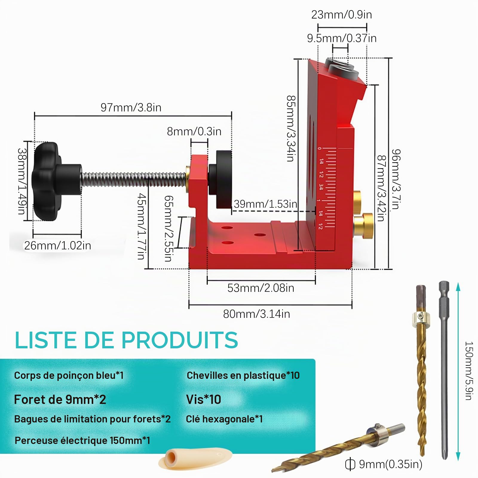 Adjustable Kit d'outils de Gabarit de Percage Oblique pour Menuiserie, Bleu Amovible Pocket Hole Jig, Avec 2 Forets de 9 mm, pour le Travail du Bois et la Fabrication de Meubles (Rouge)