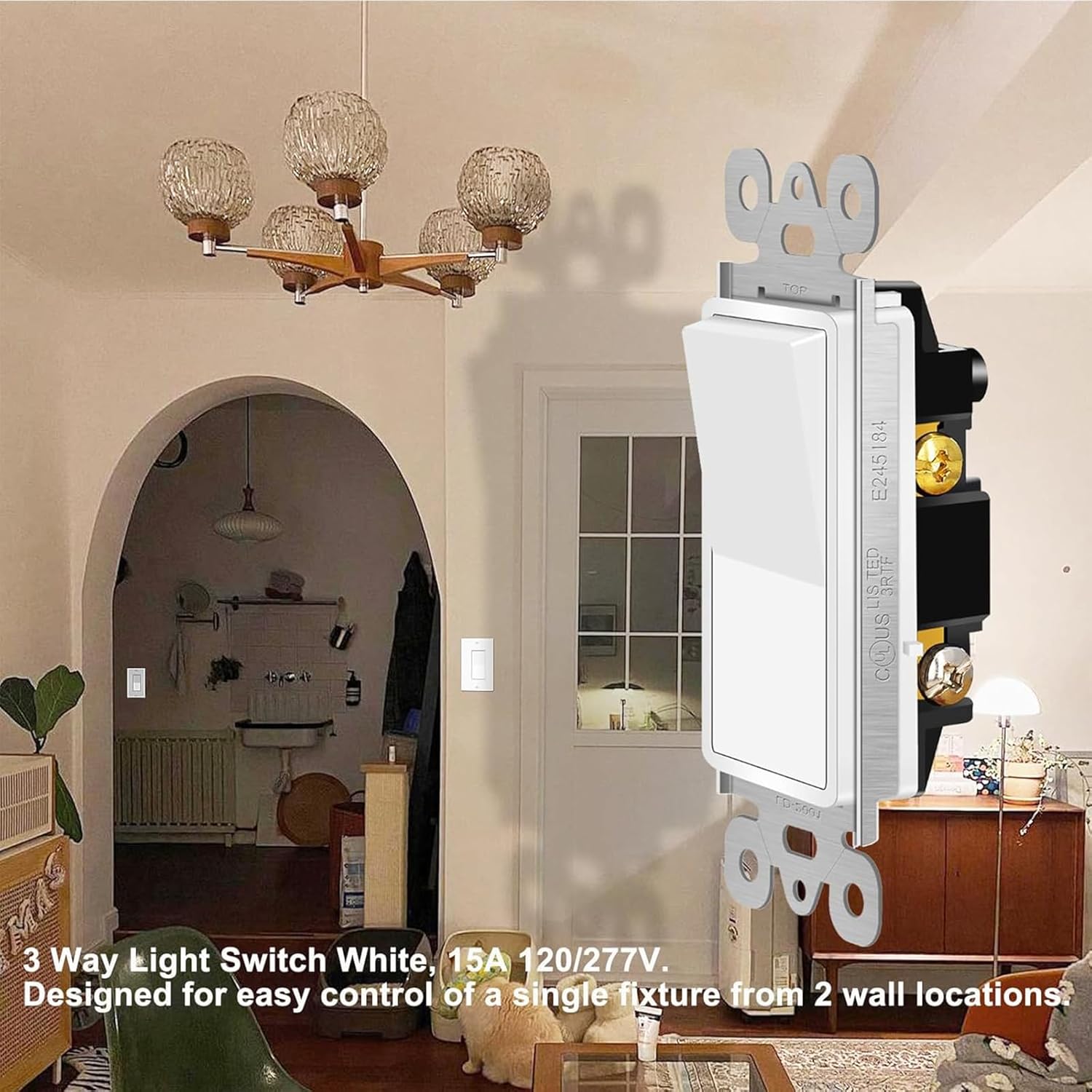 Remote Control Outlet+Greencycle 3 Way Light Switch,Three Way Single Pole Switches, 15A 120-277V Rocker Paddle Wall Switch,On Off Switches, Self-Grounding, UL Certified,Residential and Commercial Grad